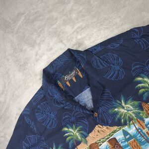 Favant Hawaiian Shirt Mens Large Navy Blue Tiki Surfboard Border Print Aloha L